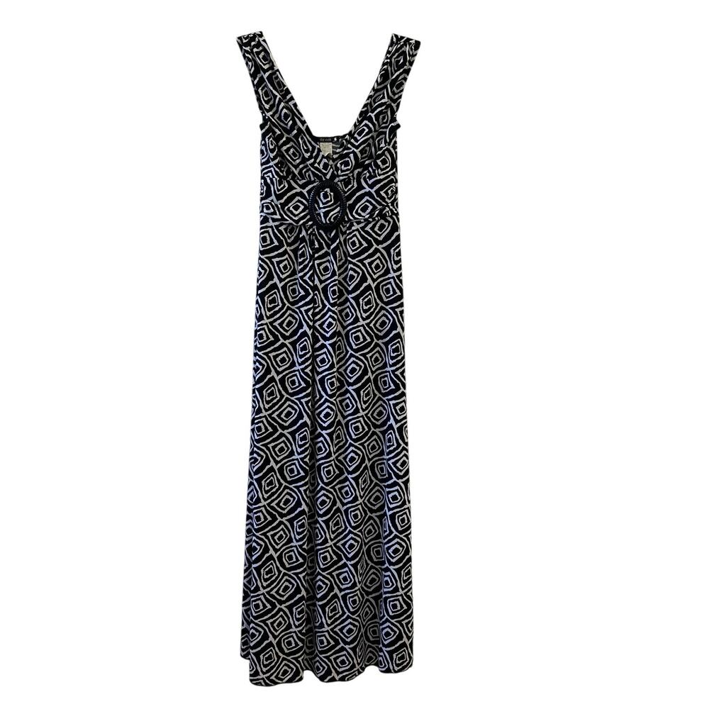 VINTAGE Star Vixen Made in USA Black White Maxi Geometric Print Empire Waist Med